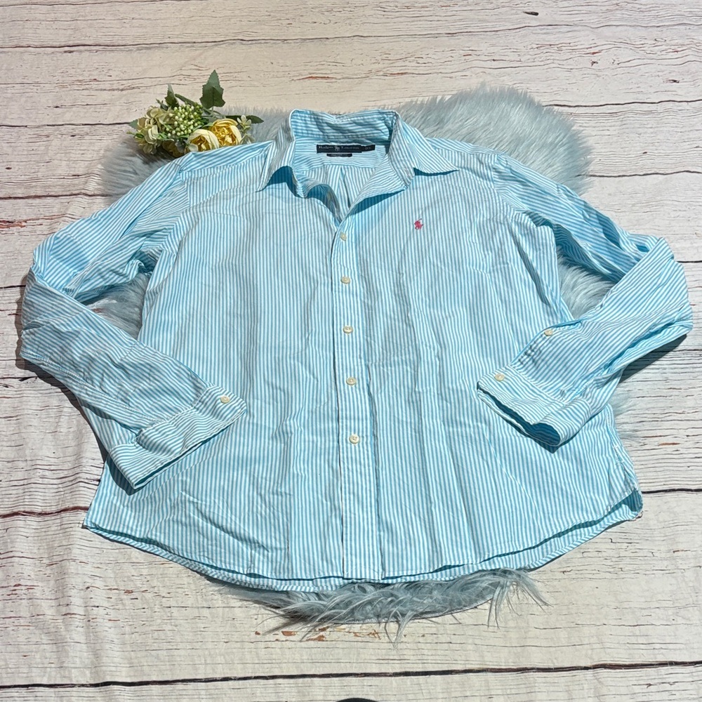 Vintage Ralph Lauren Light Blue Striped Button Down Shirt sz L